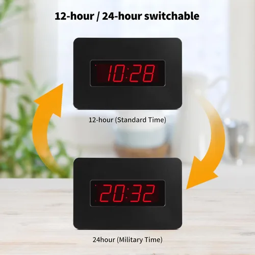 Vista 7 de Reloj de pared digital con batería con pantalla LED, reloj de pared con retroiluminación, mesa, alarma, brillo ajustable, 12/24 horas