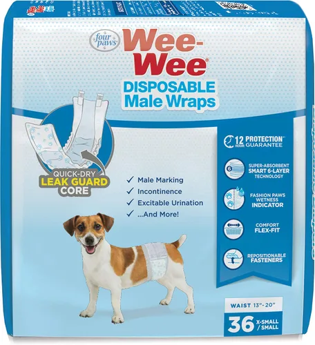 Vista 2 de Four Paws Wee-Wee - Envolturas desechables para perros machos, XS/S X-Small/Small Masculino Envolturas