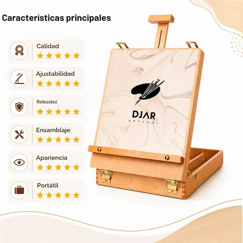 Vista 3 de DJAR Caballete de Mesa para Pintura, Caja de Bocetos de Madera de Haya Sólida Ajustable Caballete de Arte de Escritorio, Caja de Almacenamiento