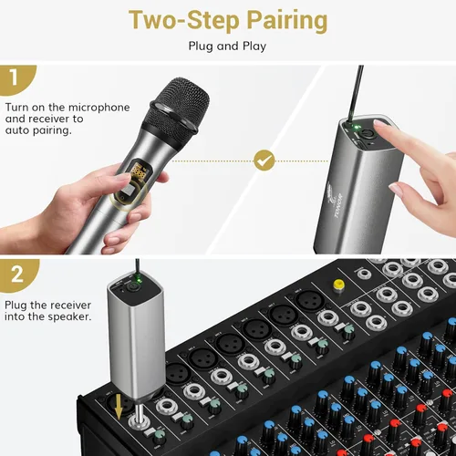 Vista 4 de Micrófono inalámbrico TONOR, sistema de micrófono de mano inalámbrico de metal UHF con receptor recargable, para karaoke, canto, fiesta, boda, DJ