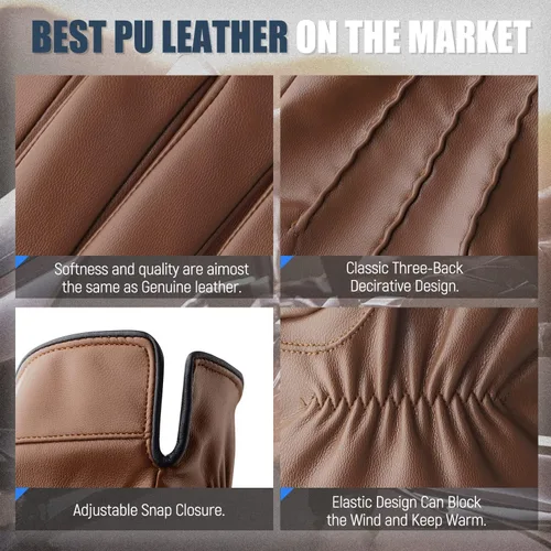 Vista 4 de QUKOPSE Winter Leather Gloves for Men,Touchscreen Snow Driving Gloves with Cashmere Lining for Motorcycle Driving Riding