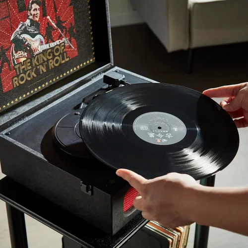 Vista 9 de Arkrocket x Elvis Reproductor de Discos Bluetooth Portátil de 3 Velocidades con Entrada y Salida Bluetooth, Tocadiscos con Bocinas Integradas