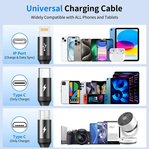 Vista 5 de RULUS Cable de carga múltiple corto [2 unidades/13.8 in], cable multiUSB 4 en 1, cable de carga rápida trenzado, cable de carga USB universal
