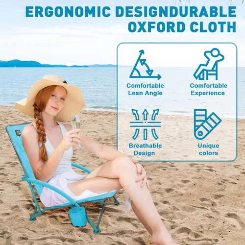 Vista 3 de Paquete de 2 sillas bajas de playa, sillas reclinables plegables para adultos, sillas de camping ligeras de asiento bajo con soporte para tazas, Azul