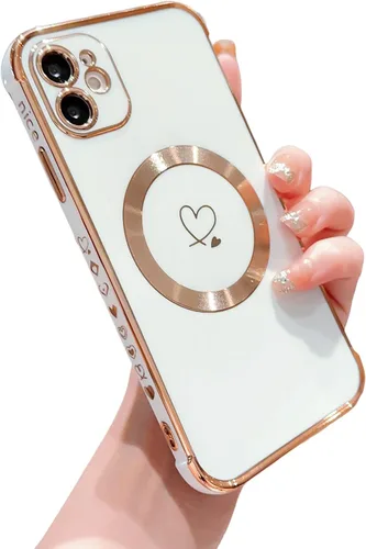Vista 8 de Funda compatible con Magsafe para iPhone 11, diseño electrochapado con patrón de corazón de amor, TPU suave, a prueba de golpes, protección completa