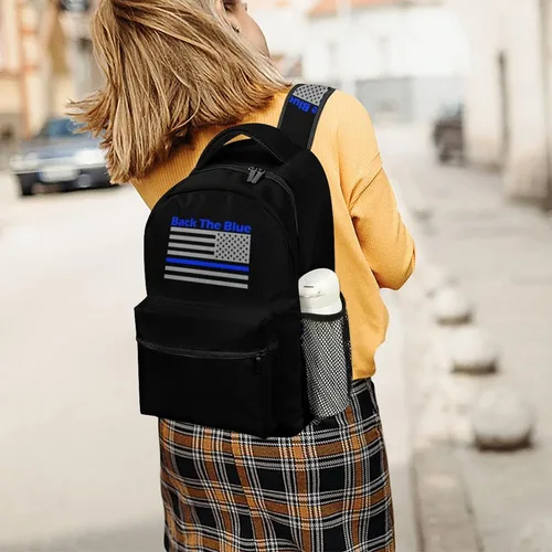 Vista 6 de Volver The Blue Police Line Mochila para portátil con bandera de EE. UU., bolso de hombro de moda, mochila de viaje para hombres y mujeres