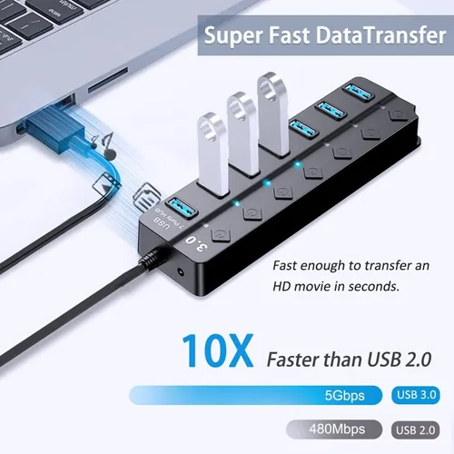 Vista 4 de Hub USB 3.0, divisor de concentrador USB de 7 puertos con interruptores individuales de encendido/apagado y luces compatibles con MacBook, laptop