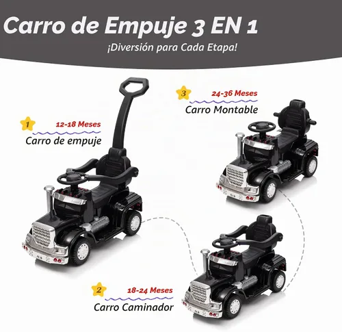 Vista 6 de Outfunny Coche de empuje 3 en 1 para niños pequeños de 1 a 3 años con mango y música Negro