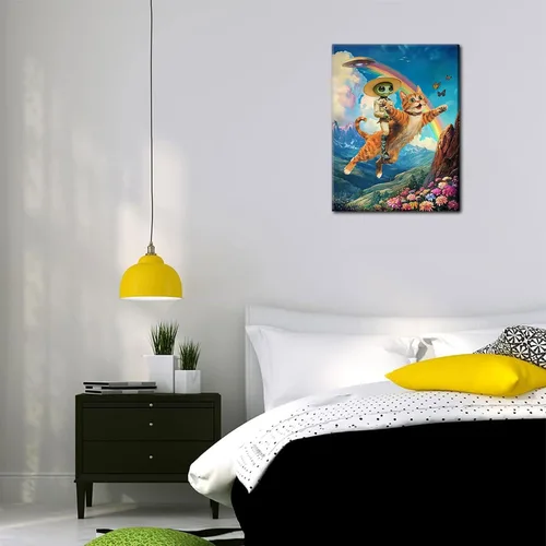 Vista 7 de Lienzo de paisaje victoriano OVNI para pared, diseño divertido de alienígena montando un gato, cuadros eclécticos de gato, póster impreso