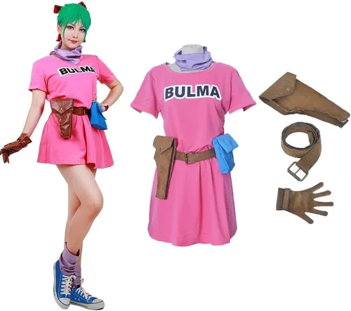 Vista 5 de miccostumes Disfraz de anime para mujer, vestido rosa, pañuelo con cinturón y guante