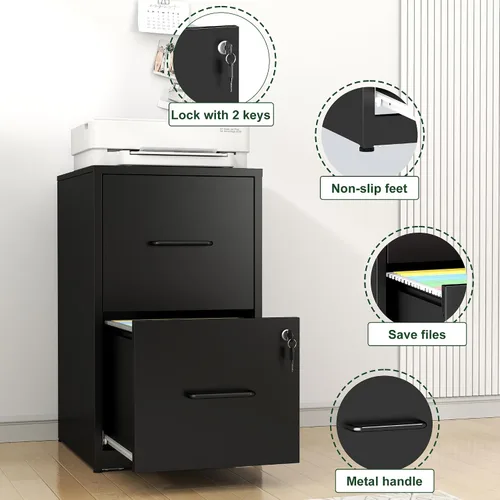 Vista 4 de Archivador de 2 cajones con cerradura, archivador vertical para oficina en casa, gabinete de almacenamiento resistente para tamaño carta, requiere