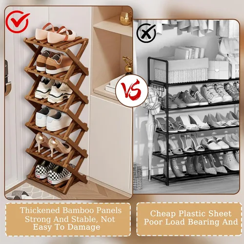 Vista 6 de Comeon Zapatero de bambú, zapatero vertical plegable para puerta delantera, entrada, organizador estrecho de zapatos, estante pequeño para zapatos