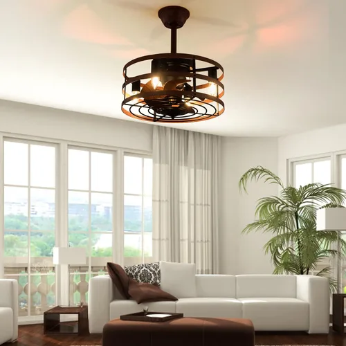 Vista 2 de OUKANING Ventilador de techo enjaulado con luz, reversible de 3 velocidades ajustables, ventilador de techo sin aspas con control remoto