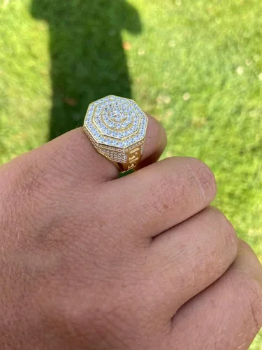 Vista 4 de Men's Real Solid 925 Sterling Silver Octagonal Hip Hop Ring - 14k Gold Plated - Super Iced Large Flooded Out Pinky Ring - Sz 7-13