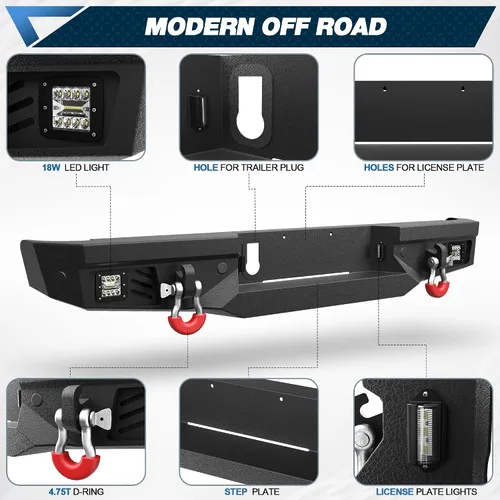 Vista 3 de Parachoques Trasero Gladiator, Parachoques Negro Texturizado con Luces LED y Agujeros para Sensores y Anillos en D, Compatible con Gladiator JT 2020