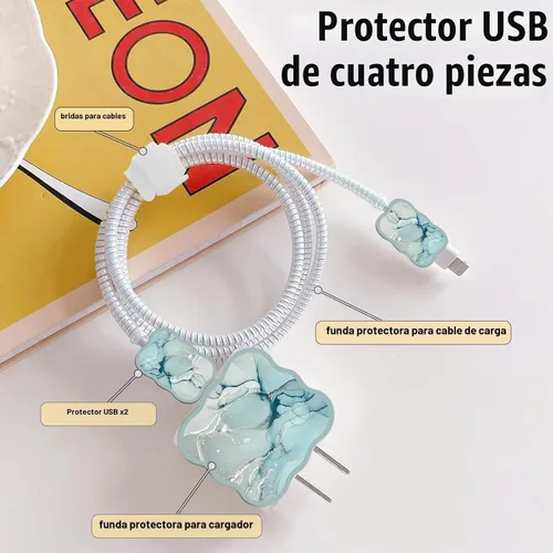 Vista 2 de Lindos protectores de cable para cargador de iPhone, diseño de mármol lujoso, cable de datos, cargador USB, línea de datos, protector de cable