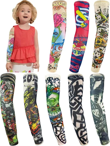 Vista 7 de Mangas de brazo de tatuaje falso a granel, 8 piezas de protección solar temporal para niños pequeños y grandes