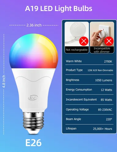 Vista 9 de ILC Bombilla LED equivalente a 85 W, bombillas que cambian de color, 2700 K, blanco cálido, control remoto RGB 6 modos, temporizador