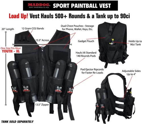 Vista 2 de Maddog Chaleco táctico ligero de paintball - Capacidad para 4 cápsulas y tanque 90ci