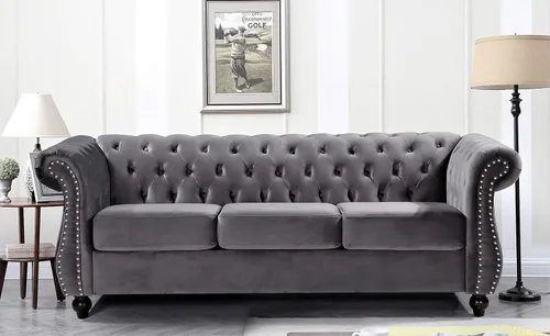 Vista 32 de Container Furniture Direct Feinstein - Sofá Chesterfield de terciopelo moderno para sala de estar con cabezas de clavos, acolchado de diamante