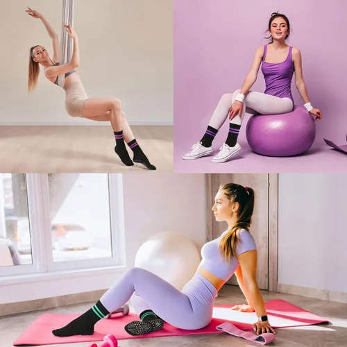 Vista 5 de Toes Home Calcetines de pilates para mujer con agarres antideslizantes, calcetines de yoga para barre hospital, calcetines pegajosos, 4 pares