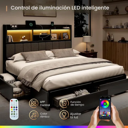 Vista 4 de BRELTAM Base de cama Queen con 6 cajones de almacenamiento, cabecera tapizada de lino, estación de carga USB integrada e iluminación LED, soporte