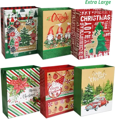 Vista 5 de Party Funny 24 bolsas de papel de regalo de Navidad a granel con asas y 60 etiquetas de regalo de Navidad, varios tamaños para envolver regalos
