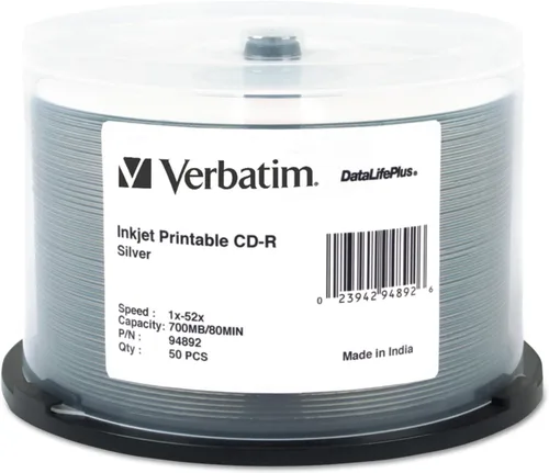 Vista 9 de Verbatim CD-R 700MB 52X DataLifePlus White Inkjet imprimible, Hub imprimible - 50pk Husillo - 94755
