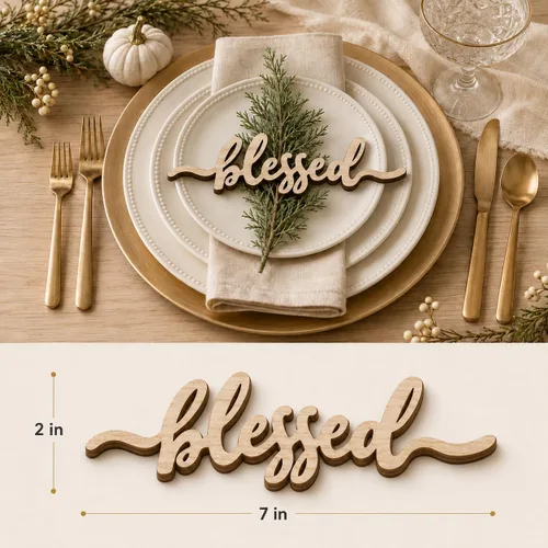 Vista 7 de Tarjetas de lugar de Acción de Gracias Blessed, Thankful, Grateful Letreros de madera para mesa de comedor de otoño, adorno de mesa de casa
