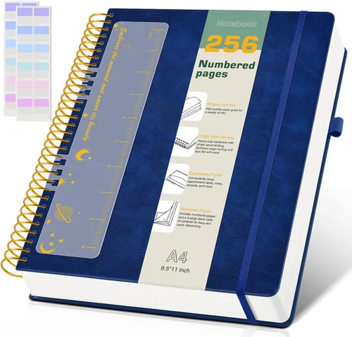 Vista 18 de Cuaderno de espiral A4 de 8.5 x 11 pulgadas, 256 páginas numeradas, de tapa dura, de cuero, para mujeres y hombres, cuadernos grandes rayados