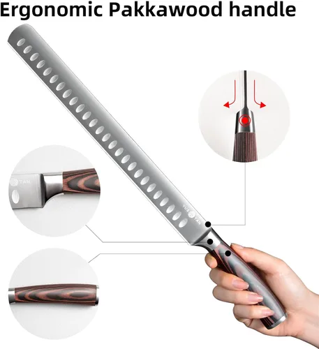 Vista 4 de Cuchillo para tallar pavo, cuchillo de barbacoa de acero inoxidable de alto carbono de 12 pulgadas con mango ergonómico de madera maciza, perfecto
