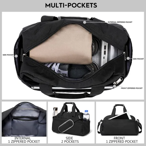 Vista 2 de Bolsa de gimnasio pequeña de 14 pulgadas para mujeres y hombres, mini bolsa de lona para viajes, deportes, bolsa de transporte ligera, color negro