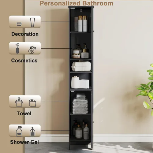 Vista 5 de ChooChoo Armario Alto de Almacenamiento para Baño con Luz, Gabinete de Baño Estrecho de 5 Niveles con 2 Puertas, Gabinete de Ropa Blanca Delgado
