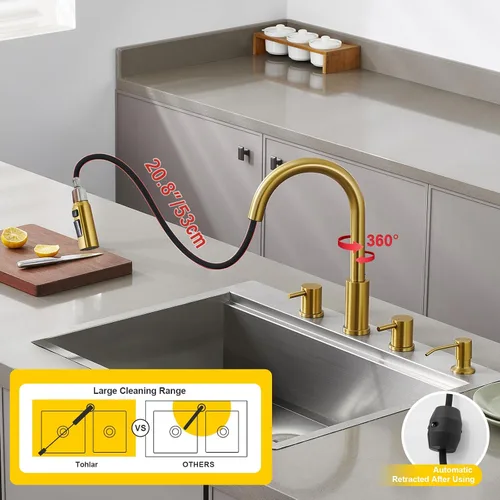 Vista 5 de Tohlar Grifo de cocina de 4 agujeros, grifo de cocina dorado cepillado con dispensador de jabón y rociador extraíble, 3 modos, grifo de fregadero