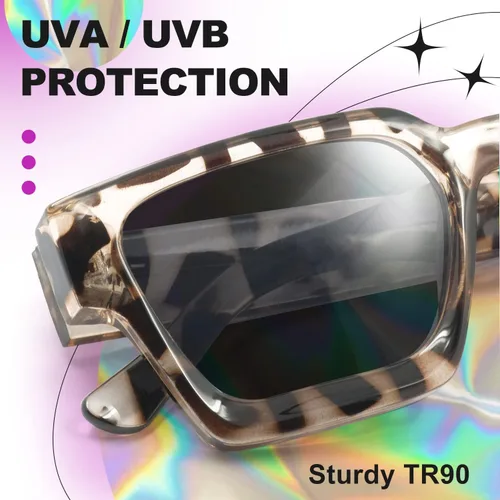 Vista 5 de VISOONE Moda 100% UV400 Protección Rectángulo TR90 Y2K Gafas de sol Accesorios para Mujeres Hombres RIVER, Zebra TortoiseGris