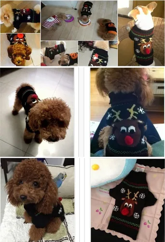 Vista 6 de Suéter festivo para mascota con diseño de reno Suéter para perro navideño Prendas tejidas cálidas para invierno par a mascotas, m Reno de dibujos