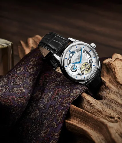 Vista 4 de Stuhrling - Reloj de vestir automático para hombre de acero inoxidable con movimiento mecánico automático de esqueleto, subesfera de hora de duelo e