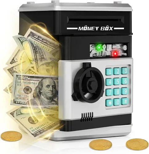Vista 11 de Refasy Alcancía para dinero en efectivo, cajero automático, banco electrónico de monedas para niños de 3 a 12 años, caja de ahorro de dinero, mini