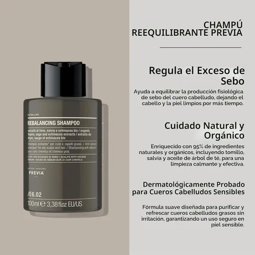 Vista 3 de PREVIA Extralife - Champú reequilibrante Fórmula anti-ebum para cabello graso y cuero cabelludo Ingredientes orgánicos Vegano y libre