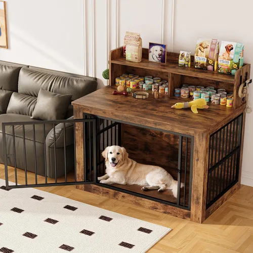 Vista 9 de IRONCK Mueble de jaula extragrande para perros, jaula de madera de 43.3 pulgadas con almacenamiento y 4 ganchos, jaula resistente para perros