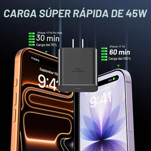 Vista 2 de Cargador para teléfono 17 16 Pro Max de carga rápida, 45 W USB C Phone 17 16 Bloque de carga súper rápido con cable de carga tipo C de 6.6 pies