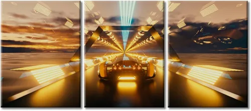 Vista 56 de Arte de pared de 3 piezas de escena de ciencia ficción de la calle comercial futurista paisaje urbano, decoración de pared para dormitorio