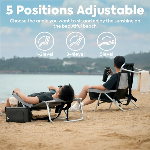 Vista 4 de ICECO Sillas de playa de mochilero para adultos, 5 posiciones reclinables, sillas de playa plegables de alta resistencia, silla plana portátil