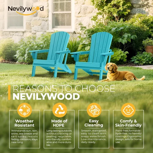 Vista 3 de nevilywood Silla Adirondack plegable – Respaldo ergonómico extendido, portavasos – Fácil montaje – Plástico HDPE duradero, resistente a