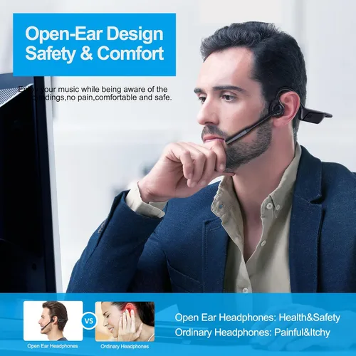 Vista 3 de Smof Auriculares abiertos con micrófono, Bluetooth 5.1, auriculares de NEGRO (USB-A y C)