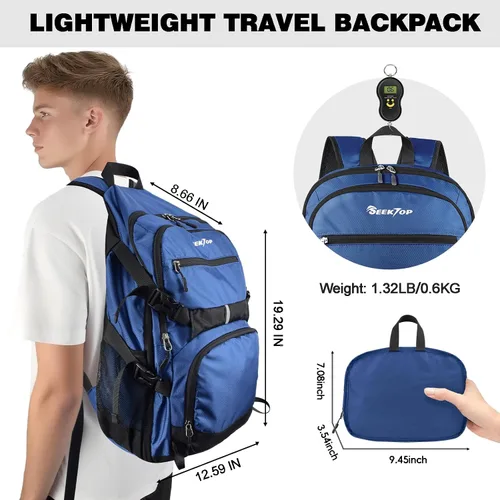 Vista 6 de Seektop Mochila de senderismo plegable de 40 L para mujeres y hombres, mochila de viaje ligera para llevar en el trabajo, negocios, ocio y trabajo
