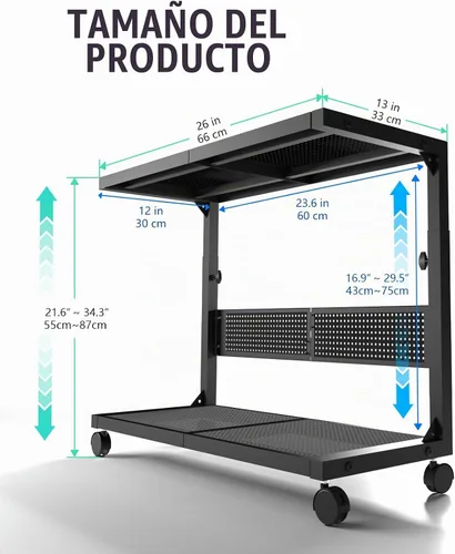 Vista 2 de Moricher - Soporte de torre de computadora - Altura ajustable de 2 niveles ATX, soporte de PC con estante para impresora y tablero de clavijas