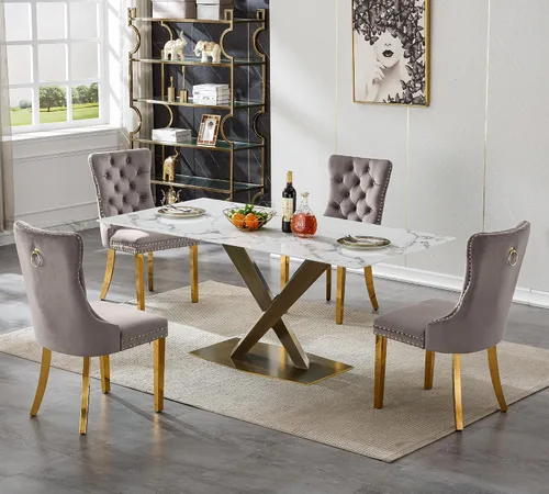 Vista 70 de Juego de 5 mesas de comedor, juego de mesa de cocina y comedor para 4, mesa de cocina rectangular de mármol sintético blanco de 47 pulgadas con base