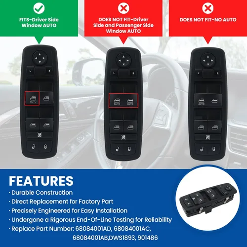 Vista 3 de Interruptor de ventana Master Power compatible con Dodge Journey 2011-2016, controlador lateral del conductor de 8+13 pines, carcasa ABS/PP