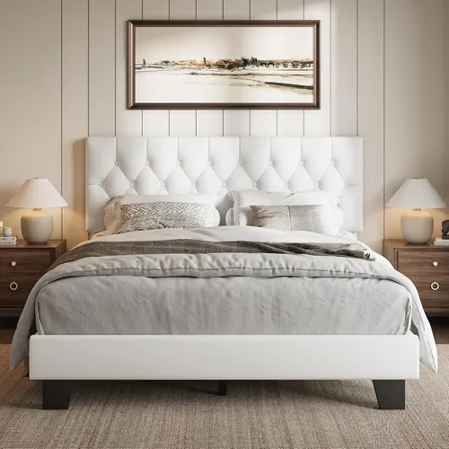 Vista 13 de iPormis Marco de cama tapizada de tamaño completo con cabecera capitoné con botones, plataforma de lino con patas de soporte engrosadas, sin